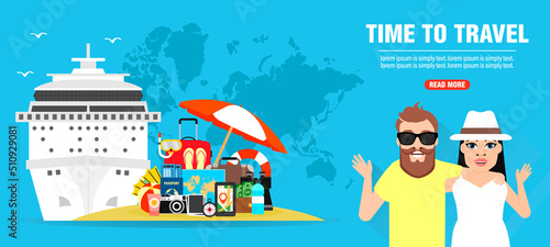 Time to travel. Sea cruise. Journey of young couple concept design flat banner