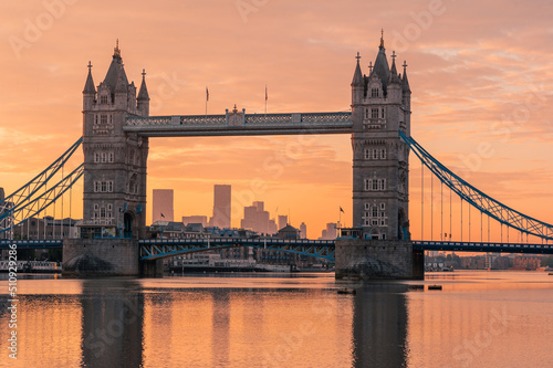 The iconic historical Tower Bridge in London at dusk