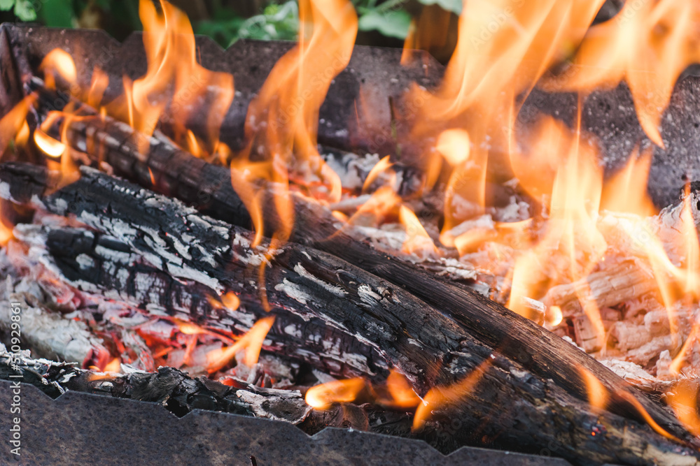 Old barbecue grill with burning wood logs. Open fire from a metal box. Snack in the open air in a natural park. Logs make a fire. Bonfire smoke Old barbecue grill with burning wood logs. Open fire from a metal box. Snack in the open air in a natural park. Logs make a fire. Bonfire smoke