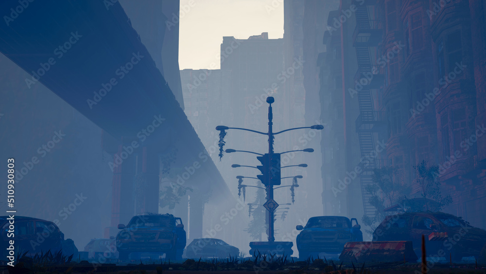 3D Post apocalyptic background image of fogey city with abandoned and ...