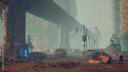 Billede på lærred 3D Post apocalyptic background image of fogey city with abandoned and destroyed buildings, cracked road, cars and sign