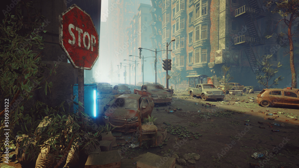 Φωτογραφία 3D Post apocalyptic background image of fogey city with abandoned and destroyed buildings, cracked road, cars and sign