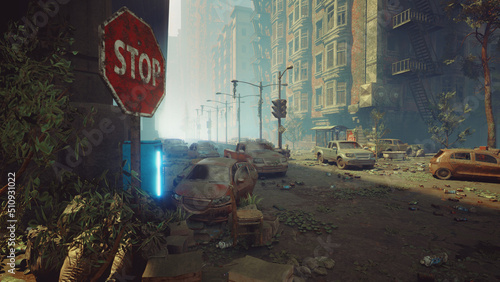 Obraz na płótnie 3D Post apocalyptic background image of fogey city with abandoned and destroyed buildings, cracked road, cars and sign