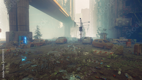 Εκτύπωση καμβά 3D Post apocalyptic background image of fogey city with abandoned and destroyed buildings, cracked road, cars and sign