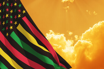 Alternative Juneteenth Flag with sunrise or sunset. Since 1865. Design of Banner with place for text. 3d-rendering.