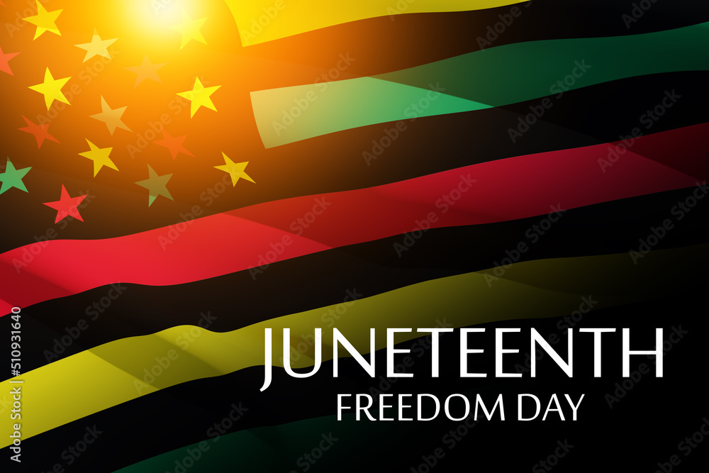 Waving Alternative Juneteenth Flag with Flare and text. Since 1865. Design of Banner. Black history month. - obrazy, fototapety, plakaty 