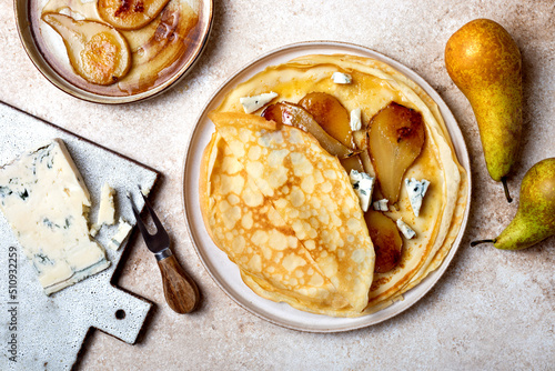 French Crepe with blue cheese and caramelized pears. Sweet and savoury homemade crepes pancakes recipe