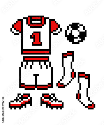 Pixel art soccer player costume (shirt, shorts), boots, socks, ball. Set of 8 bit football equipment icons isolated on white background. Old school retro 80's-90's slot machine, video game graphics.