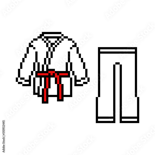 Pixel art karate costume (kimono and pants) isolated on white background. Set of 8 bit martial arts uniform. Old school retro 80's- 90's slot machine, computer, video game graphics. Sensei clothes.