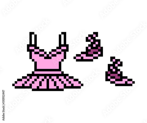 Pixel art pink ballerina tutu dress and pointe shoes isolated on white background. Set of 8 bit ballet dancer outfit icons. Old school retro 80's- 90's slot machine, computer, video game graphics.