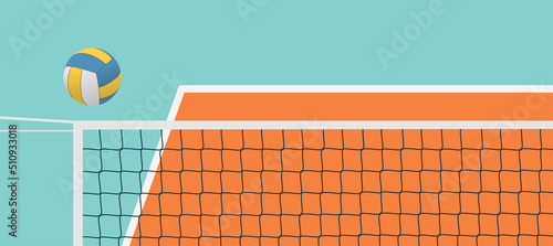 Volleyball court and net visible from the hill angle, volleyball ball standing on the line