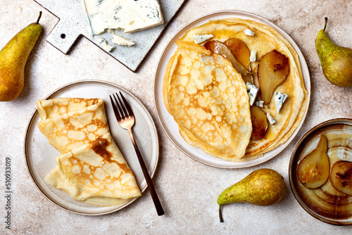 Fotografi French Crepe with blue cheese and caramelized pears
