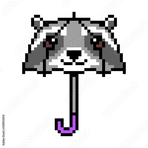 Pixel art kids' raccoon shape umbrella icon isolated on white background. Funny animal childrens' parasol. Rainy weather accessory. Vintage retro 80's-90's slot machine, 2d video game graphics.