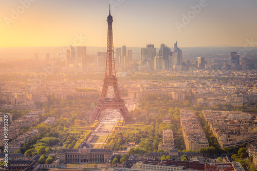 Eiffel tower and La Defense at golden sunset from above – Paris, France