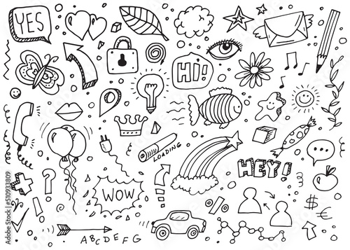 Set of different doodles  vector hand drawing on white paper 