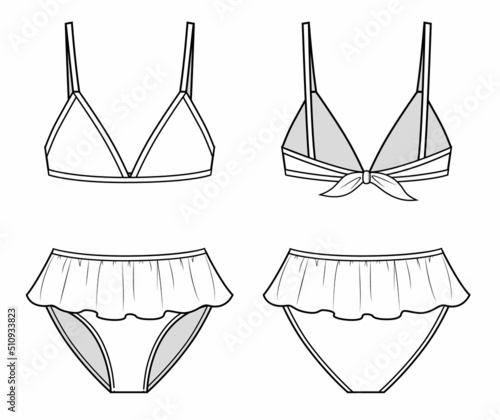 Fashion sketch of swimming suits for children in bikinis and bra