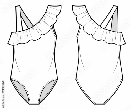 Fashion sketch of one piece swimmingsuit for children, with ruffle on shoulder