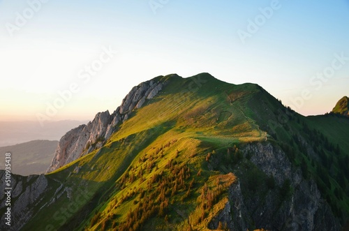 last rays of sun on the bockmattli mountain, bockmattlistock in the canton of glarus,schwyz.Sunset hike in the mountains photo