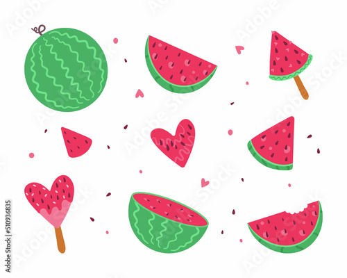 A set of watermelon vector icons. Cartoon watermelon with a red slice, half, whole striped, heart, ice cream on a white background. Cute flat summer fresh fruit.