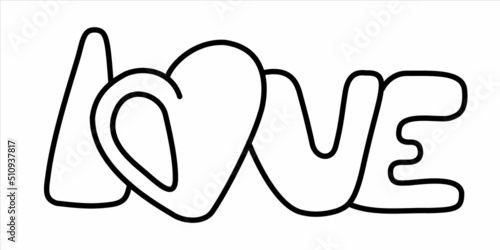 Vector isolated black outline word love plump letters and heart instead of o letter. 