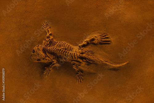 Fototapeta Naklejka Na Ścianę i Meble -  Ancient lizard skeleton fossilized on orange sand. Excavation and fossil. Archaeology. Dinosaur Bones