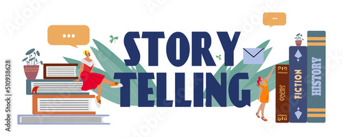 Vector illustration of storytelling. Storyteller concept for online education. Horizontal banner. Vector isolated illustration