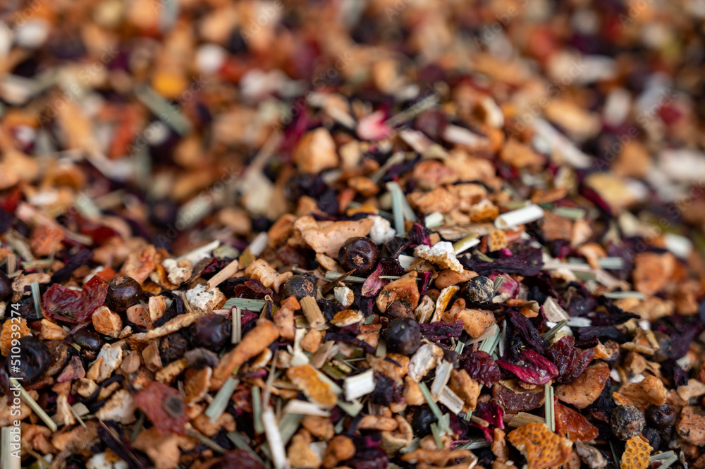 Blended black leaf dry tea with aromatic flowers, spices in tea shop in Andalusia, Spain Blended black leaf dry tea with aromatic flowers, spices in tea shop in Andalusia, Spain
