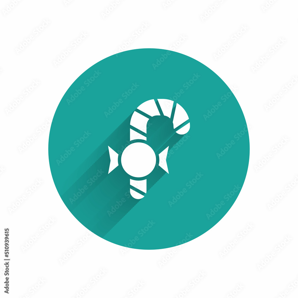 White Christmas candy cane with stripes icon isolated with long shadow. Merry Christmas and Happy New Year. Green circle button. Vector White Christmas candy cane with stripes icon isolated with long shadow. Merry Christmas and Happy New Year. Green circle button. Vector