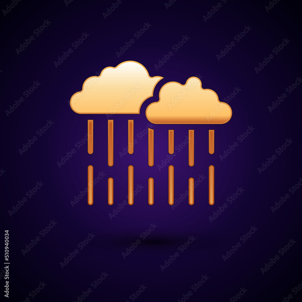 Gold Cloud with rain icon isolated on black background. Rain cloud precipitation with rain drops. Vector Gold Cloud with rain icon isolated on black background. Rain cloud precipitation with rain drops. Vector