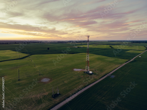 Obraz na płótnie Electricity poles from drone perspective in Kaunas