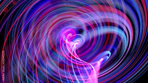 Abstract background with light trails, stream of red blue neon lines in space form spiral shapes. Modern trendy motion design background. Light flow bg. 3d render