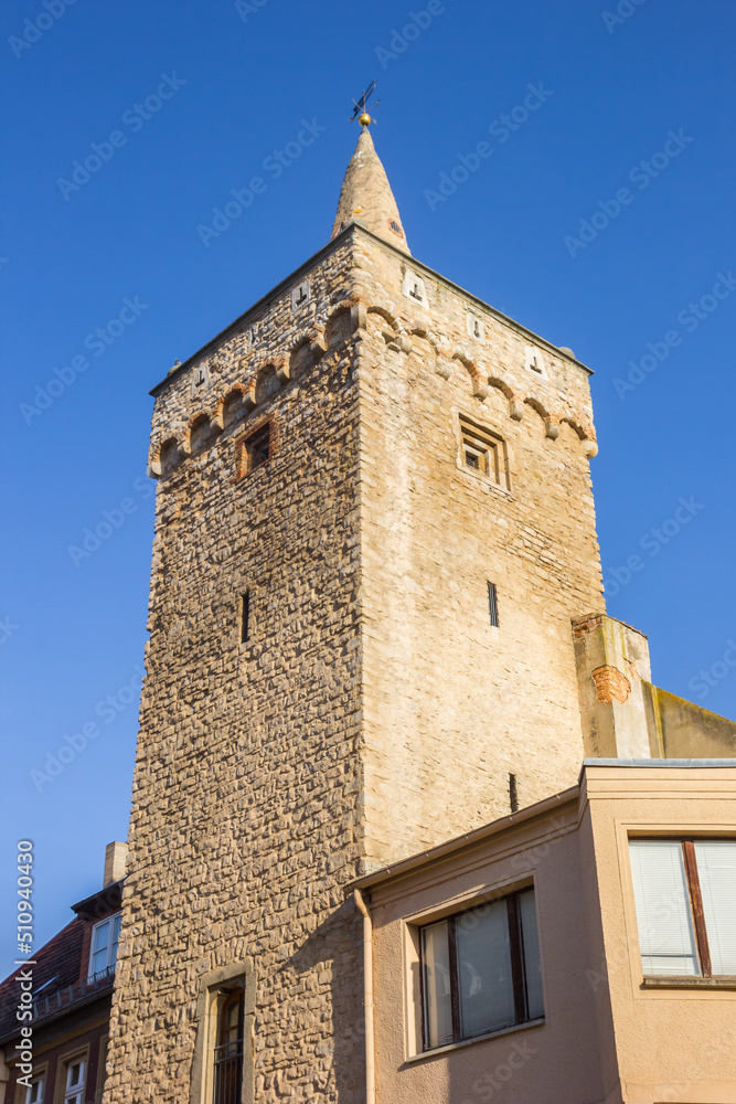 Historic Rabenturm tower in the center of Aschersleben, Germany