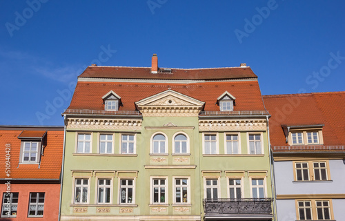Facade of a historic house on the market square of Aschersleben, Germany