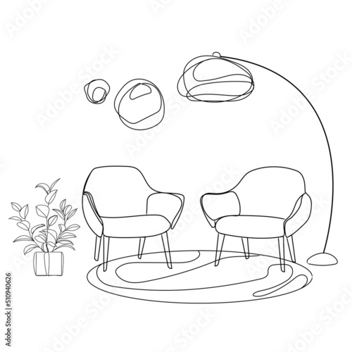 Modern living room interior design line art vector illustration.Two armchairs,floor lamp,houseplant.Furnished drawing room.Contour illustration sketch on white background.Minimalist interior design