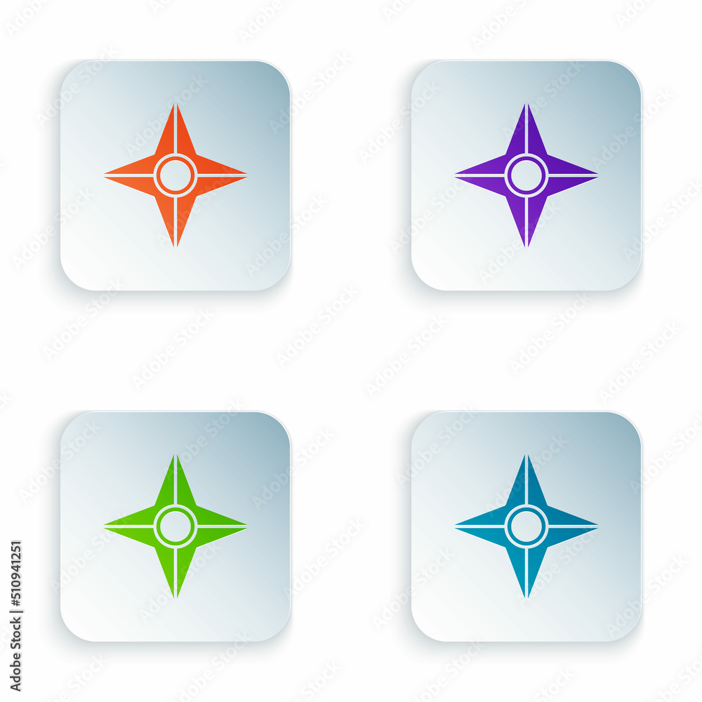 Color Japanese ninja shuriken icon isolated on white background. Set colorful icons in square buttons. Vector Color Japanese ninja shuriken icon isolated on white background. Set colorful icons in square buttons. Vector