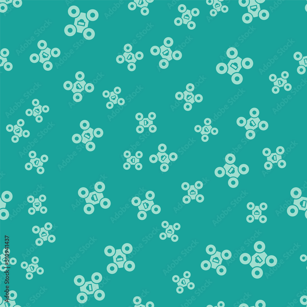 Green Drone flying icon isolated seamless pattern on green background. Quadrocopter with video and photo camera symbol. Vector