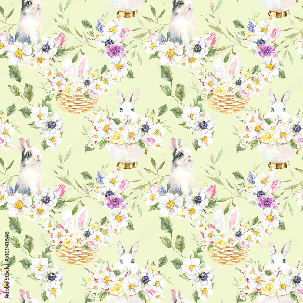 Watercolor green cute bunny seamless pattern, spring flora background. Farm animals pattern for kids wallpaper, autumn pattern, digital paper, repeating background,bunny illustration pattern for kids