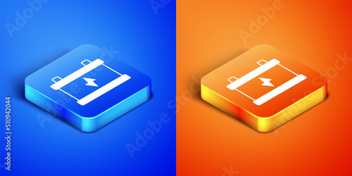 Isometric Car battery icon isolated on blue and orange background. Accumulator battery energy power and electricity accumulator battery. Square button. Vector