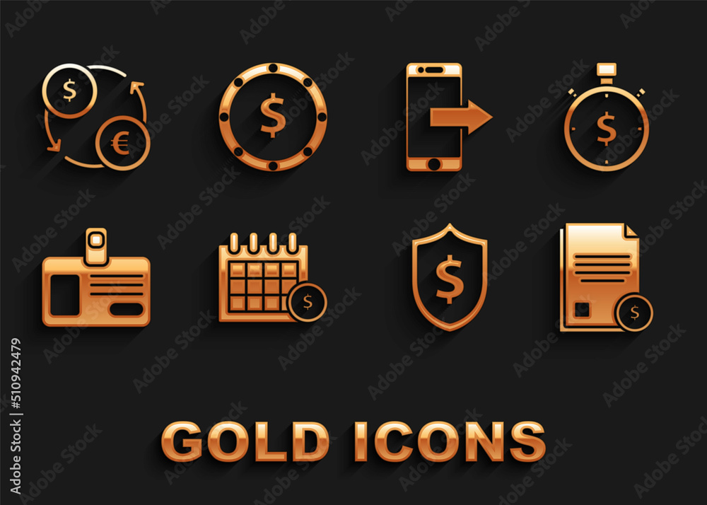 Set Financial calendar, Time is money, Finance document, Shield with dollar symbol, Identification badge, Smartphone, mobile phone, Money exchange and Coin icon. Vector Set Financial calendar, Time is money, Finance document, Shield with dollar symbol, Identification badge, Smartphone, mobile phone, Money exchange and Coin icon. Vector