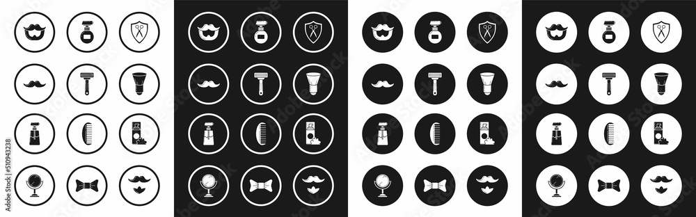 Set Scissors hairdresser and shield, Shaving razor, Mustache, beard, brush, Cream lotion cosmetic tube, gel foam and icon. Vector Set Scissors hairdresser and shield, Shaving razor, Mustache, beard, brush, Cream lotion cosmetic tube, gel foam and icon. Vector