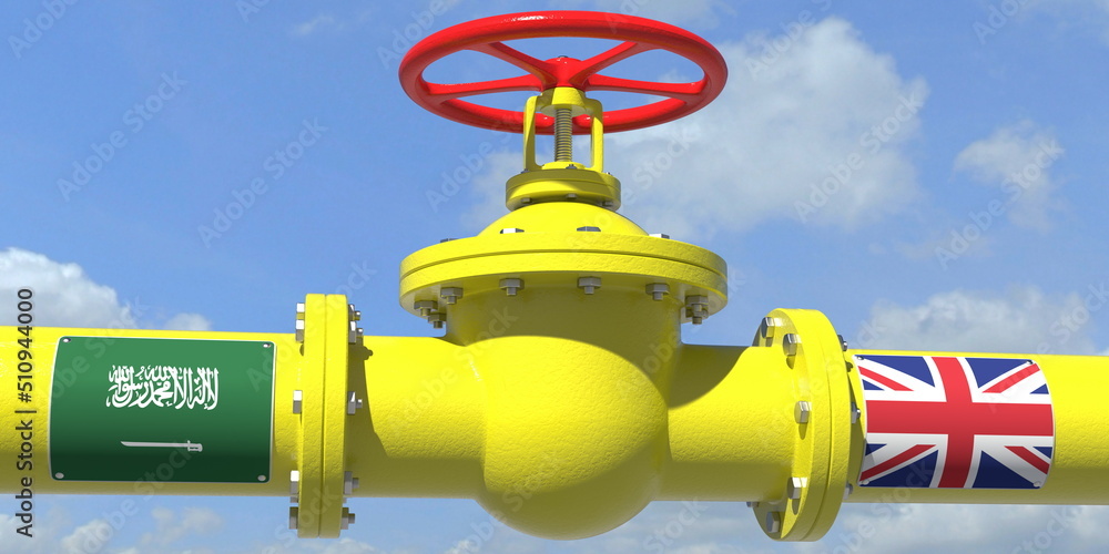 SAUDI ARABIA UNITED KINGDOM gas or oil transit concept. Pipe with valve, 3D rendering