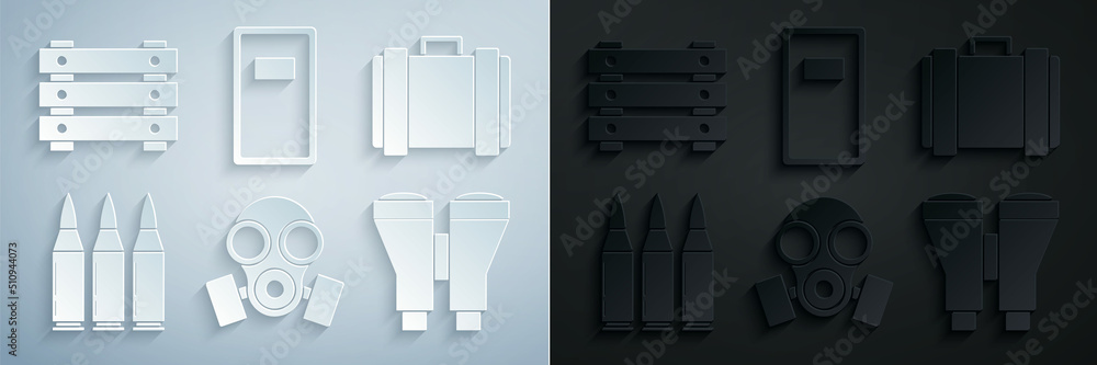 Set Gas mask, Military ammunition box, Bullet, Binoculars, Police assault shield and icon. Vector Set Gas mask, Military ammunition box, Bullet, Binoculars, Police assault shield and icon. Vector