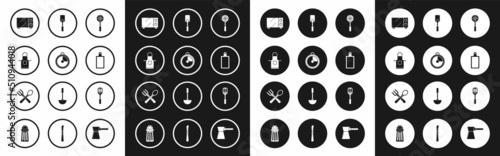 Set Spatula, Kitchen timer, apron, Microwave oven, Cutting board, and Crossed fork and spoon icon. Vector