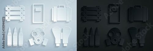 Set Gas mask, Military ammunition box, Bullet, Binoculars, Police assault shield and icon. Vector