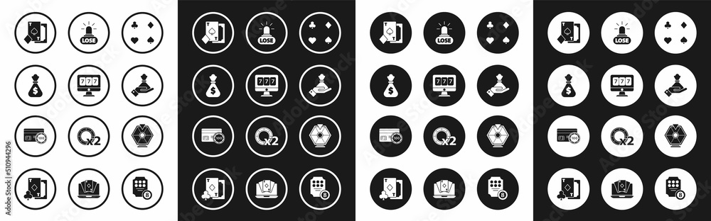 Set Playing cards, Online slot machine with lucky sevens jackpot, Money bag, spades, Hand holding money, Casino losing, Lucky wheel and Credit icon. Vector Set Playing cards, Online slot machine with lucky sevens jackpot, Money bag, spades, Hand holding money, Casino losing, Lucky wheel and Credit icon. Vector