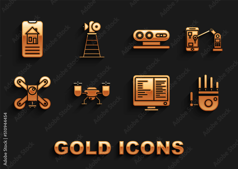 Set Drone flying with action camera, Industrial machine robotic robot arm hand, Mechanical, Computer monitor screen, 3d scanning system, Smart home and Antenna icon. Vector Set Drone flying with action camera, Industrial machine robotic robot arm hand, Mechanical, Computer monitor screen, 3d scanning system, Smart home and Antenna icon. Vector
