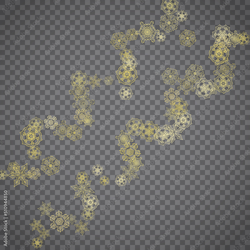 Isolated snowflakes on transparent grey background. Gold glitter snow. Winter sales, Christmas and New Year design for party invitation, banner, sale. Winter window. Magic crystal isolated snowflakes. Isolated snowflakes on transparent grey background. Gold glitter snow. Winter sales, Christmas and New Year design for party invitation, banner, sale. Winter window. Magic crystal isolated snowflakes.