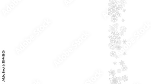 Snowflakes falling on white background. Horizontal Christmas and Happy New Year theme. Silver falling snowflakes for banner, gift card, party invitation, partner compliment and special business offers