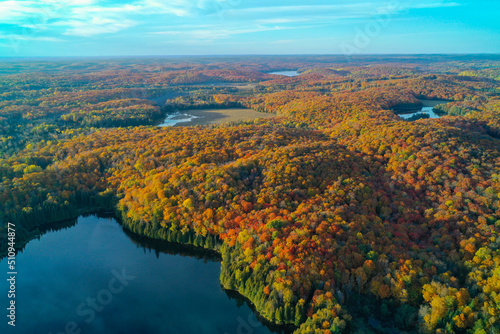 Aerial shot of Lakes, ponds & forests in autumn