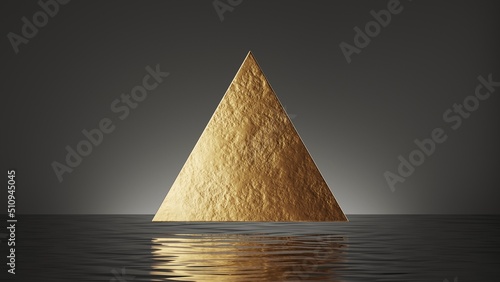 3d render, abstract minimal black background with simple geometric round shape. Golden triangle levitates above the water, ripples and reflection photo